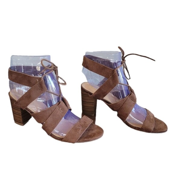 Lulu's Suede Vegan Lace-up Block Heels Size 8 Brown Tan - Picture 1 of 6